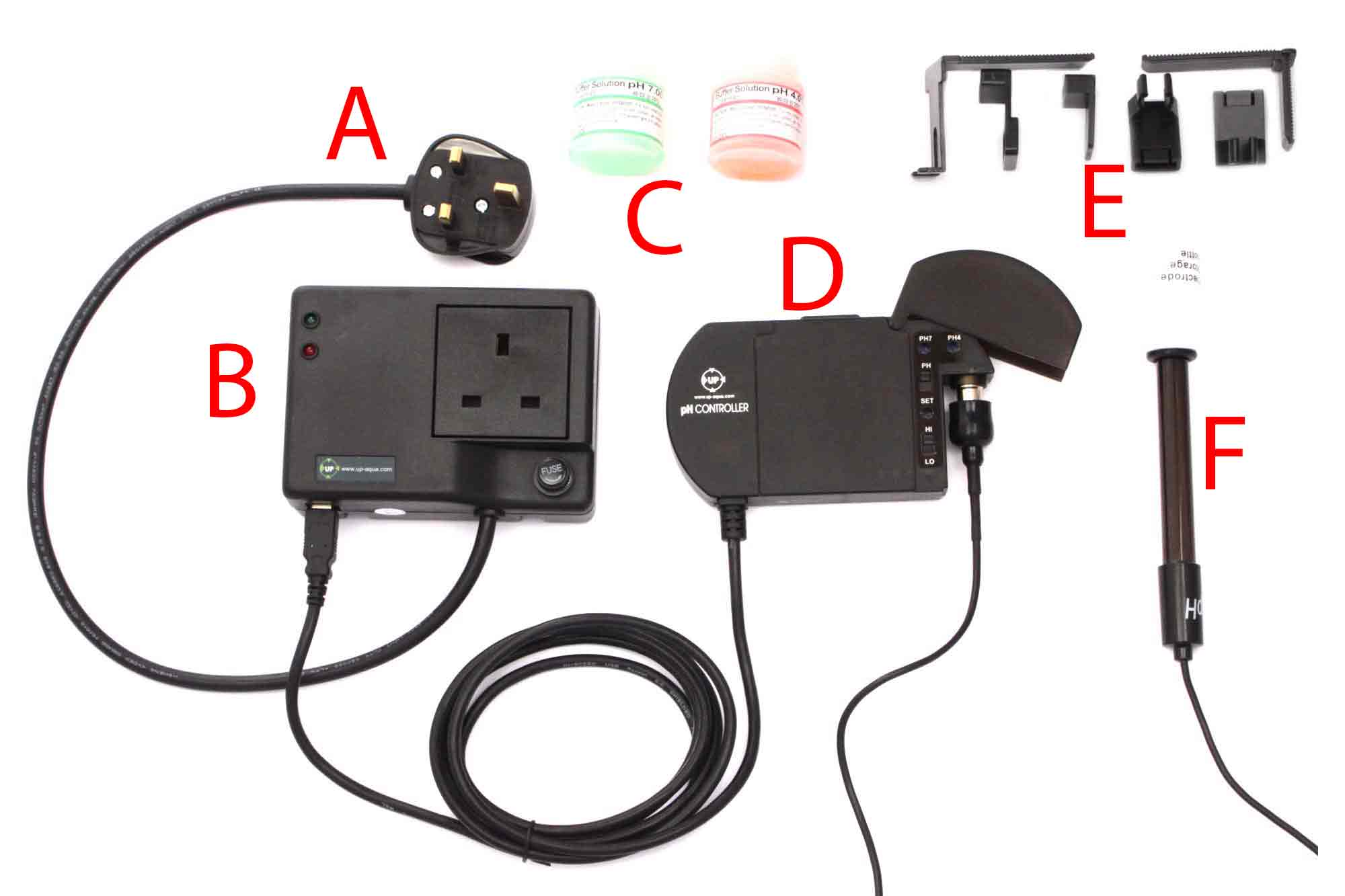 Todos los componentes del controlador de pH UP Precision